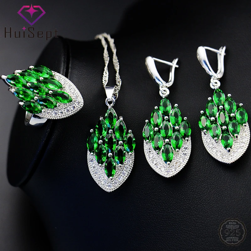 HuiSept Luxury Charm Jewelry Set Earring Ring Necklace with Emerald Gemstone 925 Silver Accessories for Women Wedding Engagement