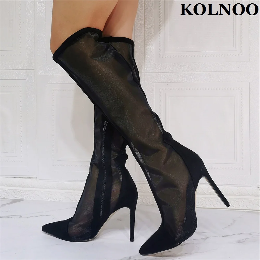 

Kolnoo New Sexy Handmade Ladies Knee-high Boots Air-Mesh Pointed-Toe All Matches Style Party Half Boots Evening Fashion Shoes