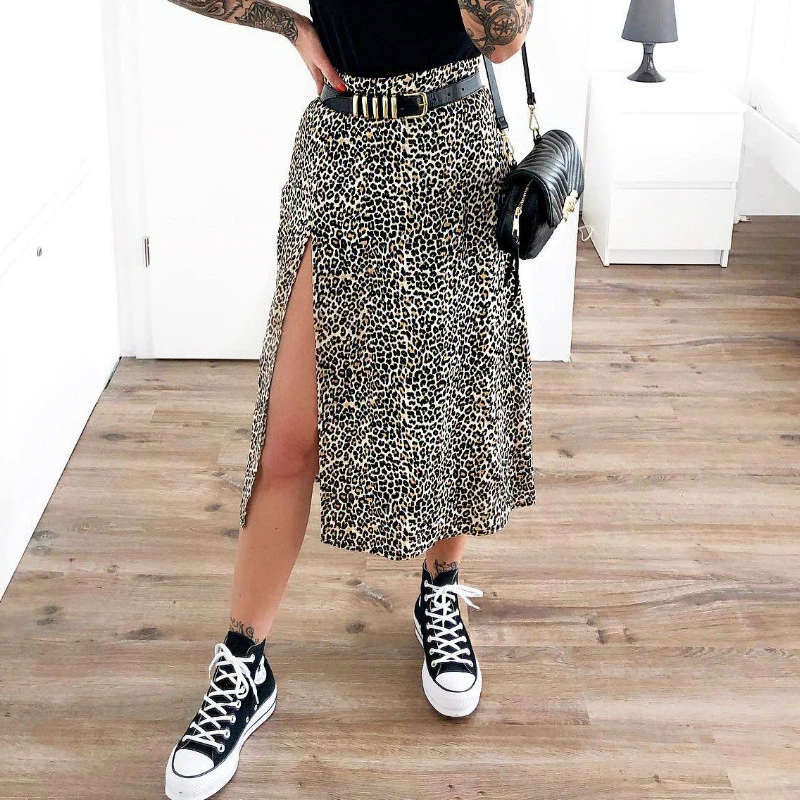 Mode Sommer Leopard Rock Frauen Hohe Taille Split Midi Rock Elegante Damen Abend Party Club Streetwear