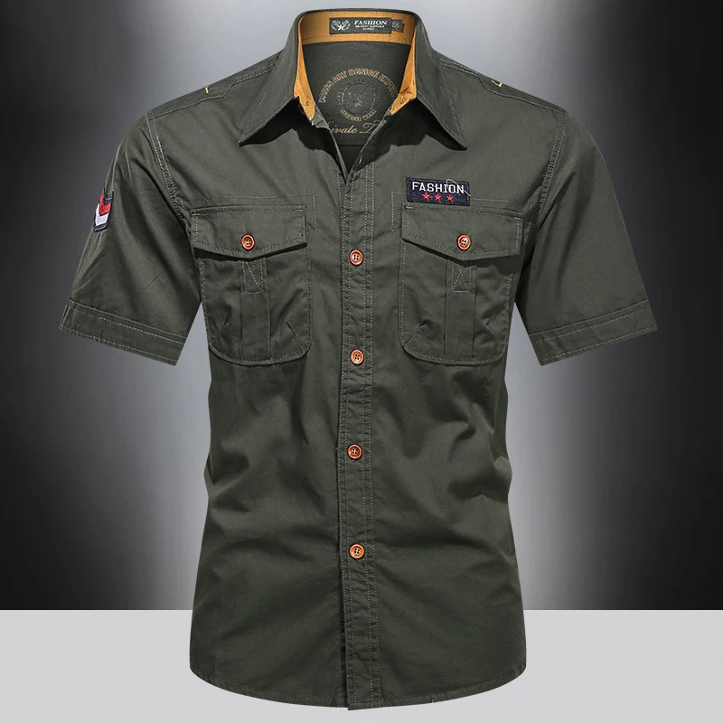 Camisa militar - Casual para hombre, manga corta en algodon puro