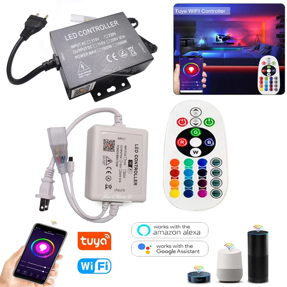 AC110V-220V Tuya WiFi APP LED controller with 24key IR remote For 5050 RGB LED Strip Neon Light EU US plug