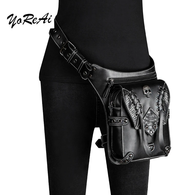 Fashion Vintage Steampunk Moto Bag PU Repellent Rock Gothic Biker Waist Bags  Shoulderbag Packs Victorian Women Drop Leg Pouch