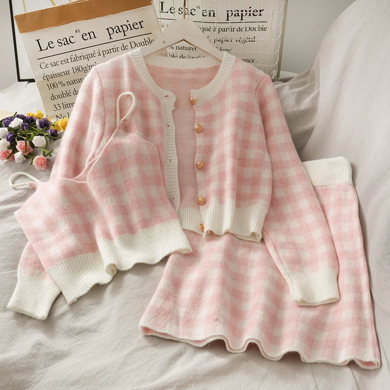 Sweet Plaid Three-Piece Women's New O Neck Single-Breasted Long-Sleeved Loose Sweater with Short Strap Two Piece Set Skirt