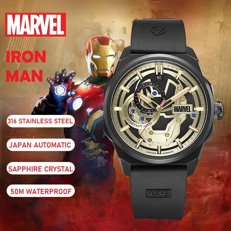 

Marvel The Avengers Iron Man Skeleton Automatic Wristwatch 24 Jewels Japan Mechanical Movement Stainless Steel Sapphire Crystal