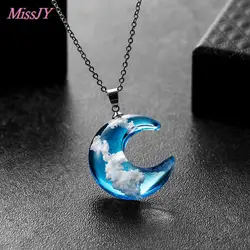 Transparent Resin Rould Ball Moon Pendant Necklace Women Blue Sky White Cloud Chain Necklace Fashion Jewelry