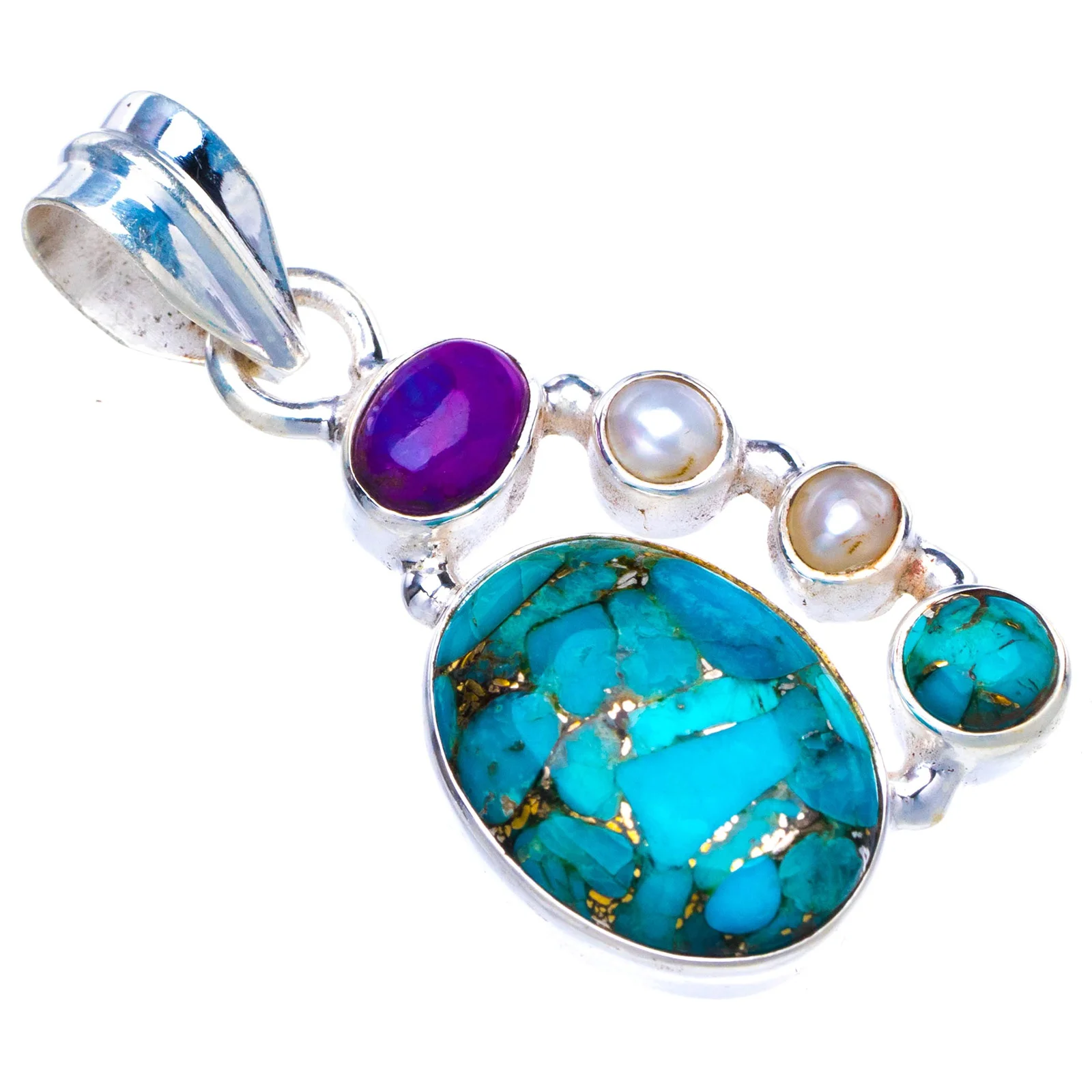 StarGems Natural Copper Turquoise River Pearl Handmade 925 Sterling Silver Pendant  1.5" E3675