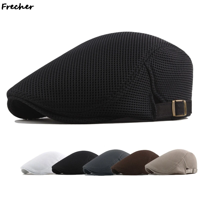 Cotton Beret Hat Men White Casual Mesh Flat Cap Male Solid Breathable Adjustable Classic Summer Duckbill Caps Fahion Men's Caps