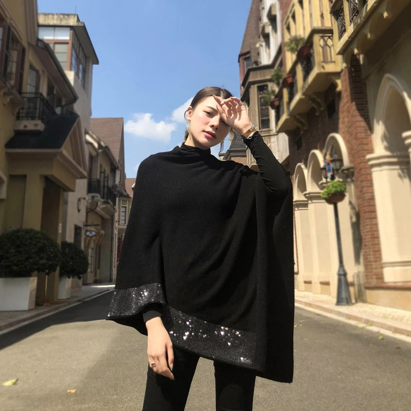 

Fashion Women Winter Black Knitting Cloak Bat Sleeve Crystal Beading Irregular Cape British Style Elegant Women Sweater Poncho