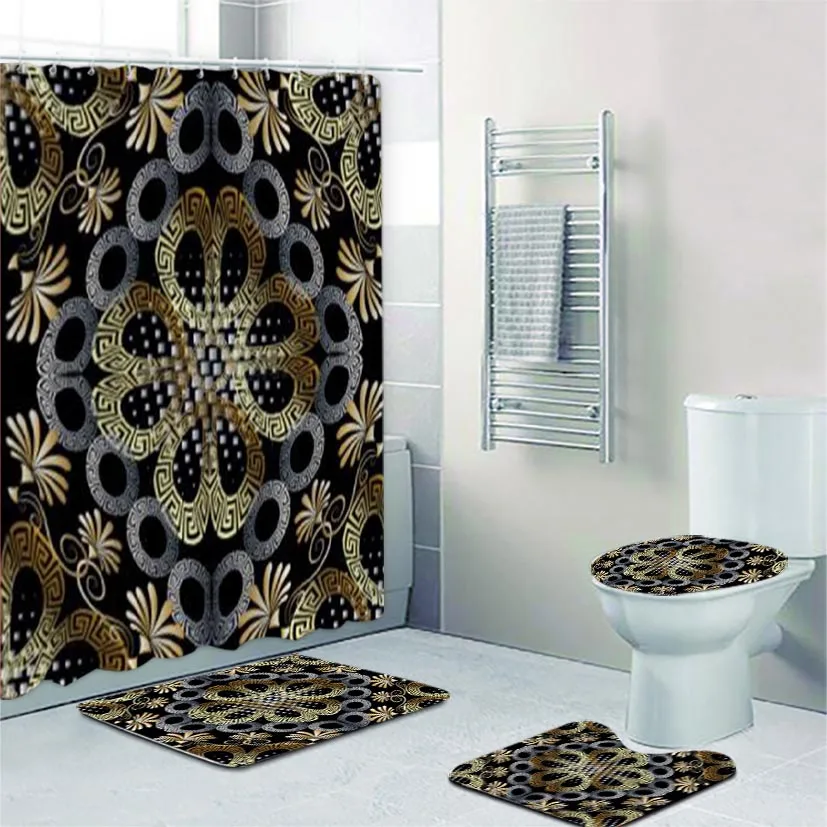 Luxury 3D Gold Greek Key Meander Ornament Shower Curtain Set for Bathroom Modern Rich Abstract Geometric Mat Toilet Accessories