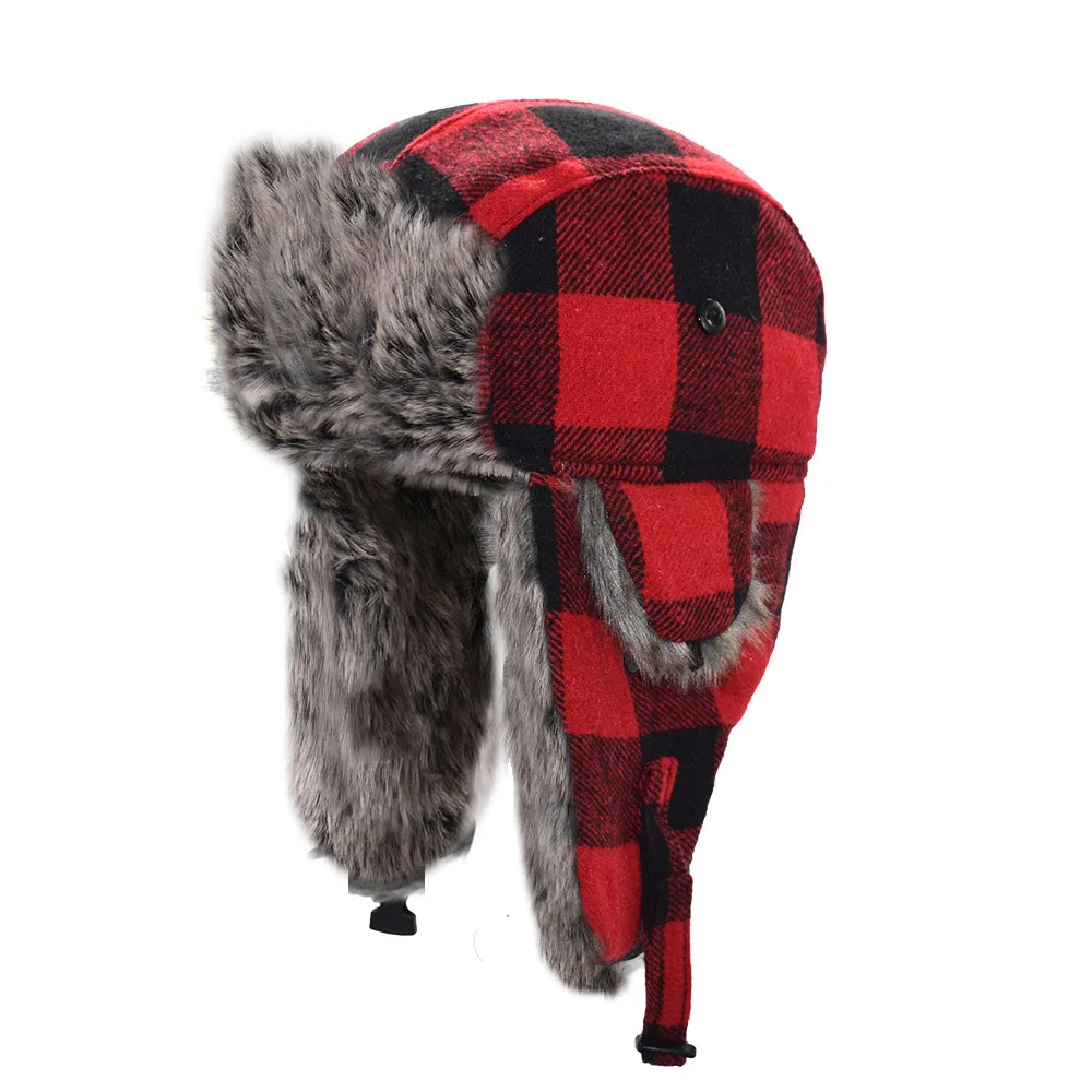 Winter Hats for Mens Bomber Hat Fur Red Warm Earflap Cap Windproof Women Thicker Plaid Russian Ushanka Lei Feng Hat Ski Snow Cap