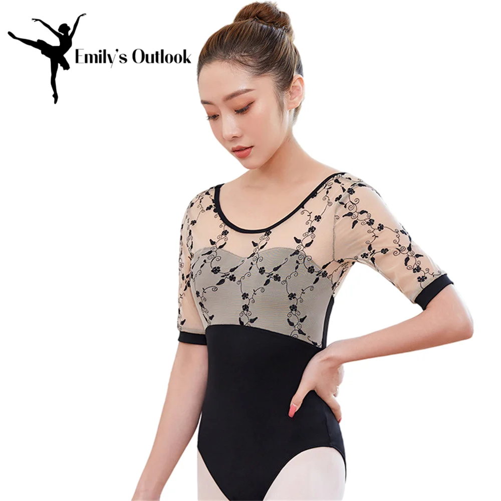 Ballet Dance Leotards for Women Female Boat Collar Lace Splice Dance Clothes Floral Embroidery Long Sleeve Plus Size Lace Top