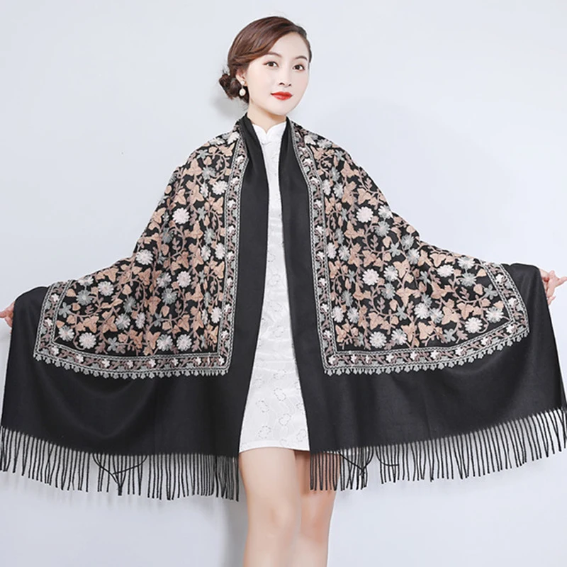 Women\'s Winter Warm Embroidery Scarves Tippet Ladies/ Women Shawls and Wraps Long Tassel Female Foulard Blanket Dropshipping