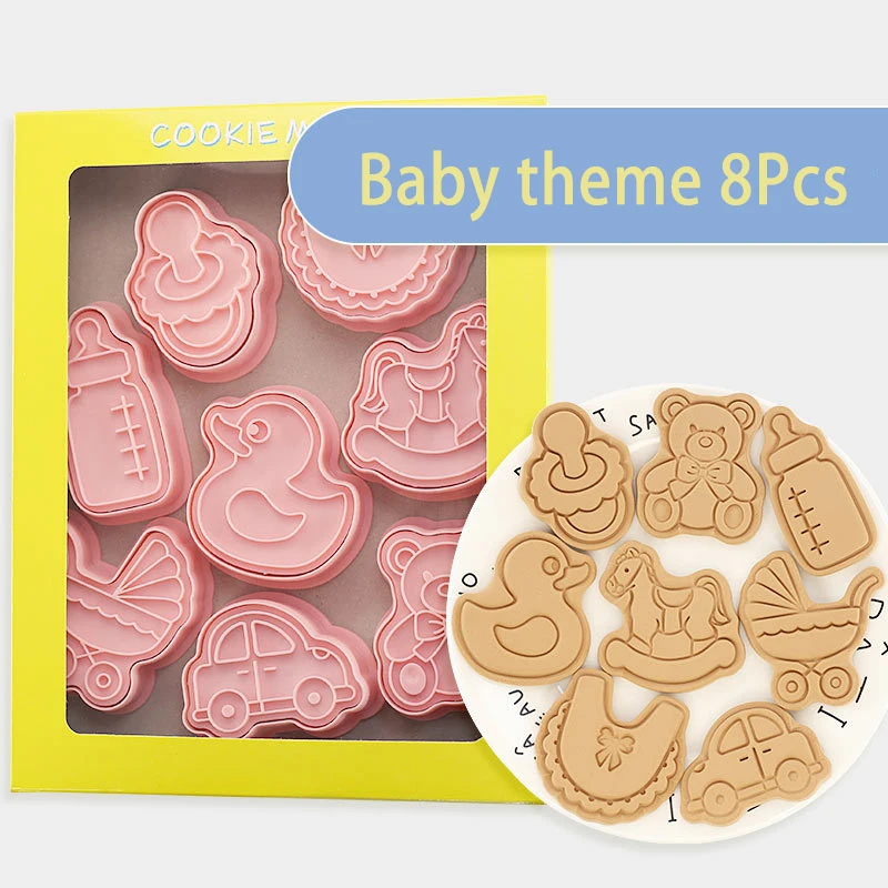 8Pcs Baby Cartoon Cookie Cutter Set Biscuit Mold Baby Toy Bear Stroller Fondant Baking 3D Plastic Cookie Mold Pastry Baking Mold