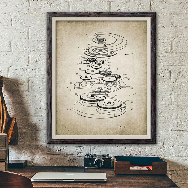 ساعة ذاتية الملء مطبوعة تخطيطية ساعة تصميم براءات الاختراع خمر ملصق ساعة صانع ساعة هدية الفن قماش اللوحة صورة ديكور