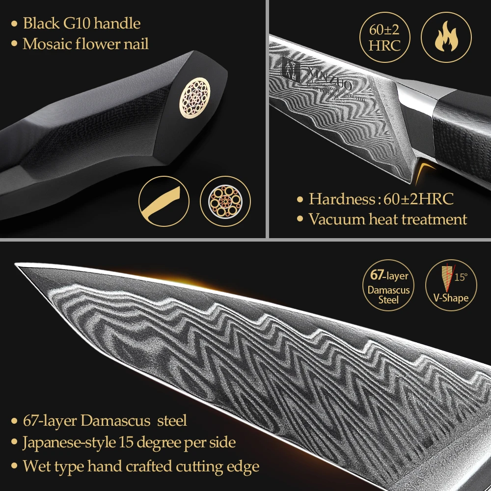 XINZUO 3.5\'\' Paring Knife Damascus Steel Blade VG10 Core Razor Sharp G10 Mosaic Brass Rivet Handle Kitchen Knives Fruit Peeling