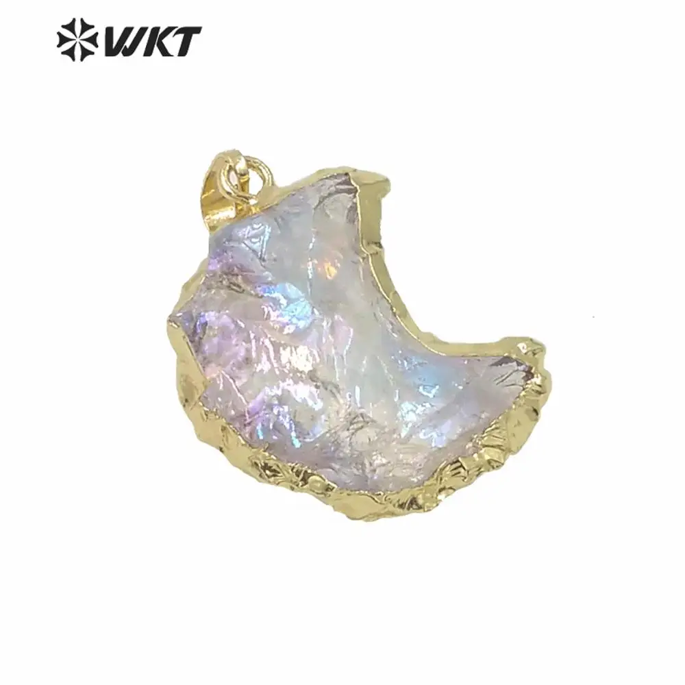 WT-P1564 Luxury Natural Stone Pendant Aura Quartz With Gold Plated Trim Crystal Quartz Moon Shape Wonderful Stone Pendant