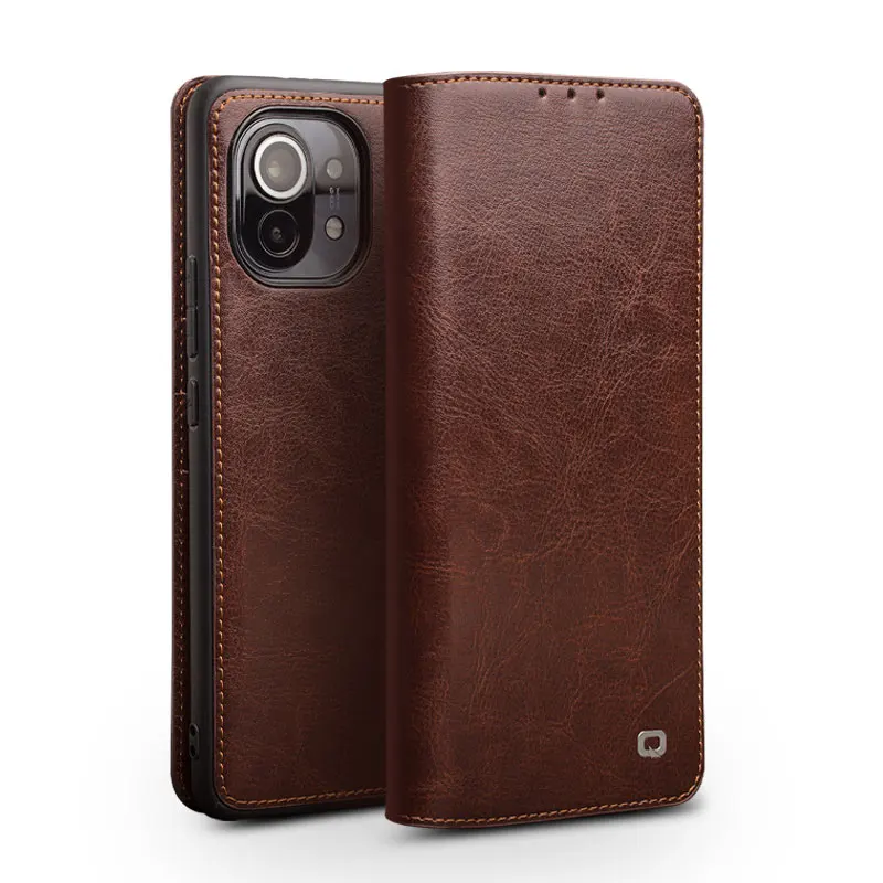 

QIALINO Fashion Genuine Leather Phone Cover for Mi11 Ultra Pure Handmade Card Slots Bracket Function Flip Case for Xiaomi11 Pro