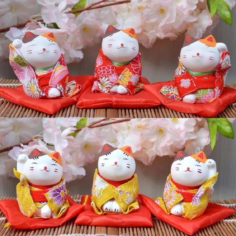 Mini Cute Japanese Kimono Lucky Cat Ornament  Small Wedding Gift Decoration