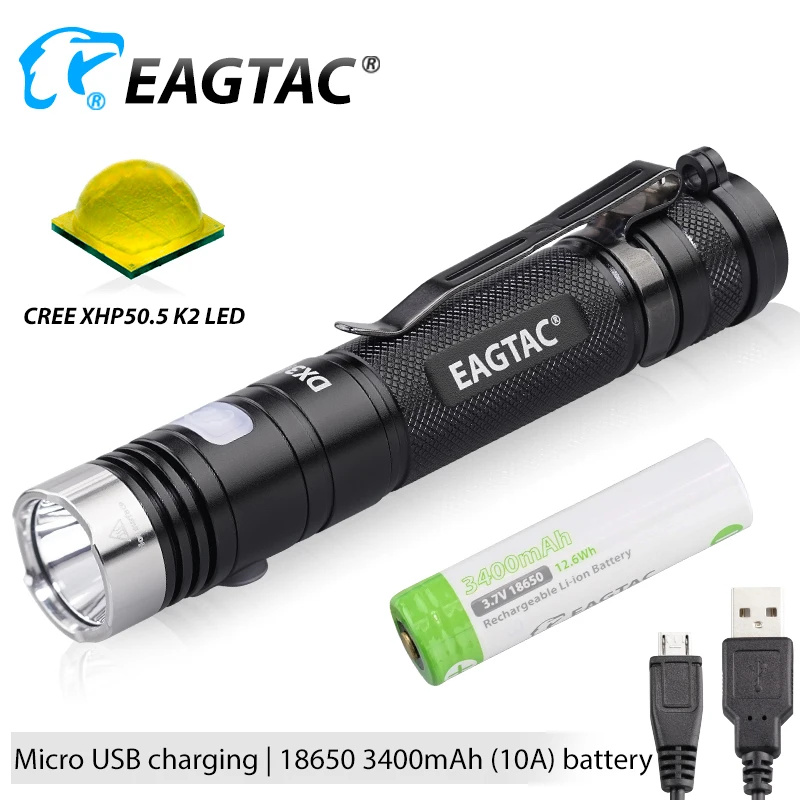 

EAGTAC DX3L Micro USB Rechargeable LED Flashlight XHP50.2 2500lm Super Bright LED Torch Lamp 18650 Included