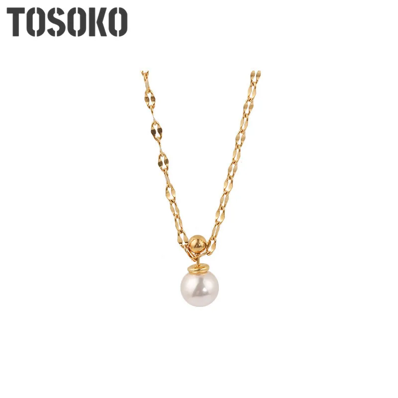 TOSOKO Stainless Steel Jewelry Water Ripple Chain Pearl Necklace Simple And Elegant Female Clavicle Chain BSP497