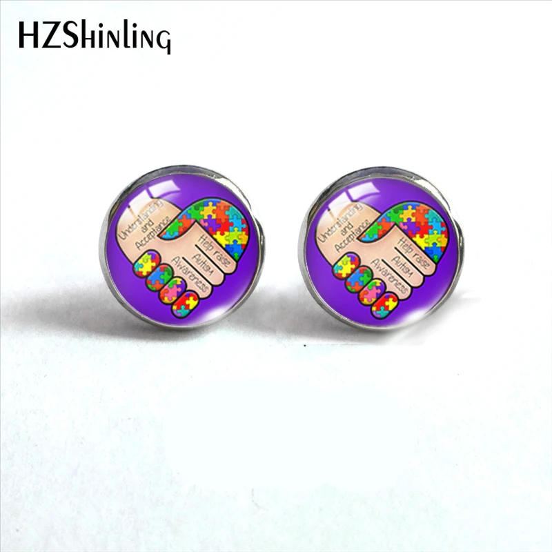 2020 New National Autism Awareness Stud Earring Round Earrings Handmade Glass Cabochon Art Printed Jewelry Gifts