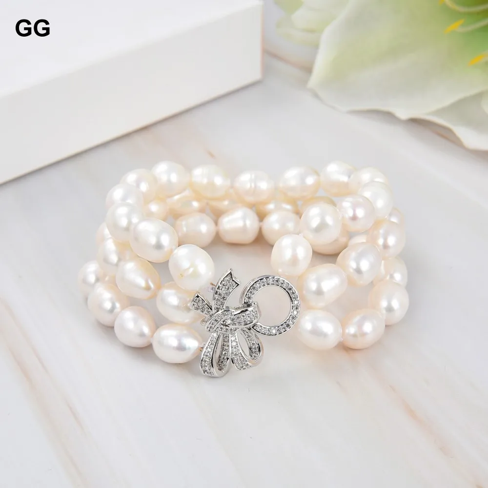 GuaiGuai Jewelry 8\'\' 3 Strands White Rice Pearl Bracelet CZ Clasp