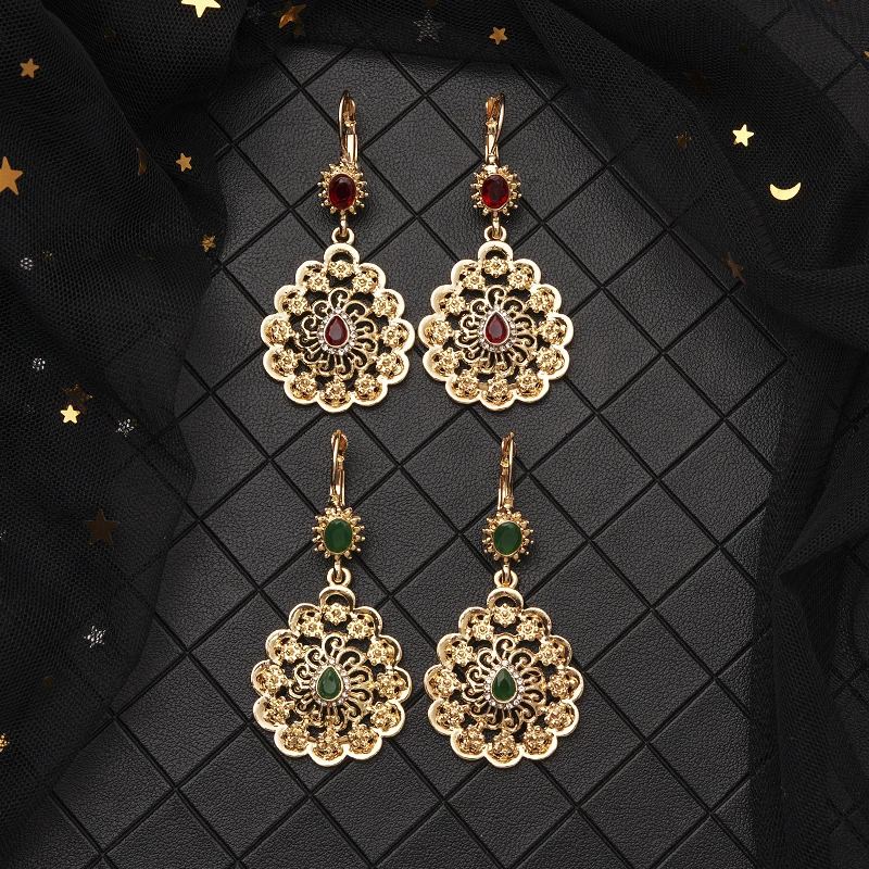 Morocco Cafetan Wedding Golden Color Earrings Red and Green Stone Fashion Jewelry Alloy Premium Earrings Wholesale