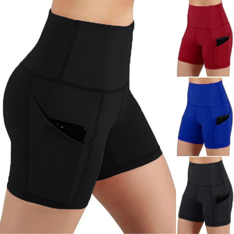 Women\'s cycling shorts Sports Yoga High Waist Shorts with Pockets Seamless Tummy Control Workout Short Pants Athletic Leggings