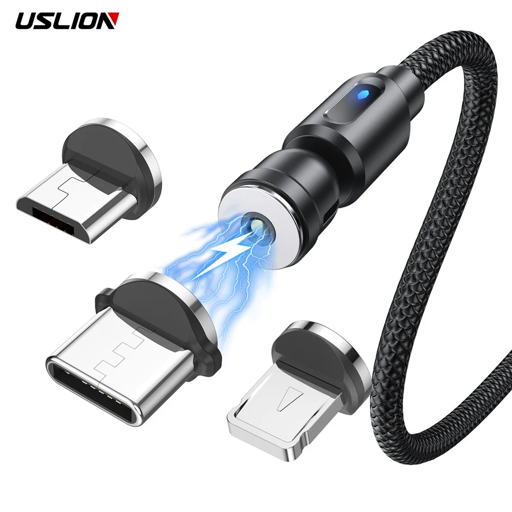 USLION 540 Rotate Magnetic Cable USB Fast Charging Type C Cable For Xiaomi Magnet Charge Micro USB Cable Mobile Phone Data Cord