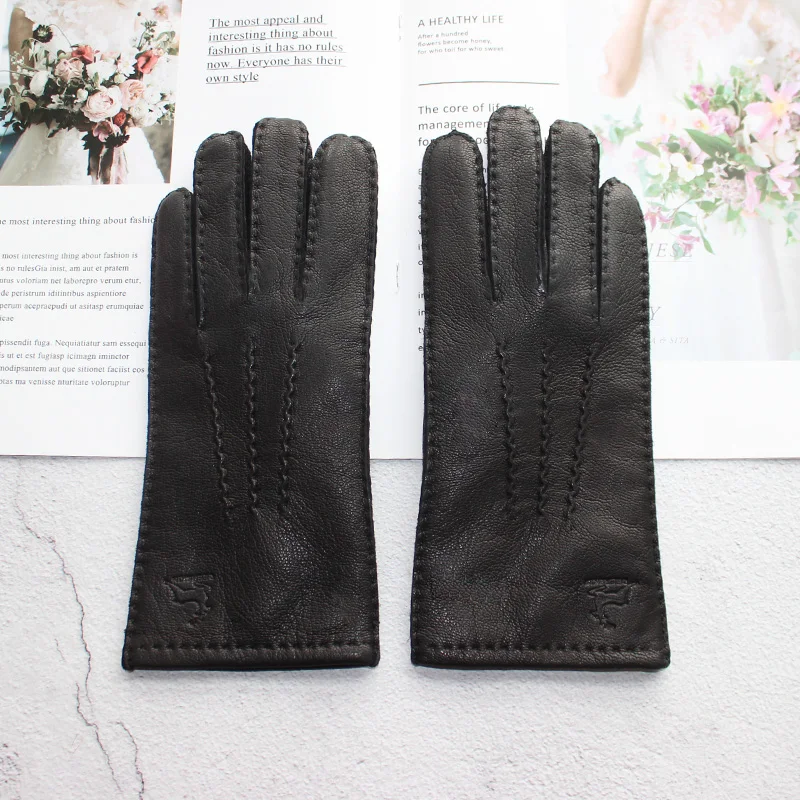 New women\'s deerskin gloves leather color fashion wool knitted lining hand-stitched outdoor driving and cycling warm gloves