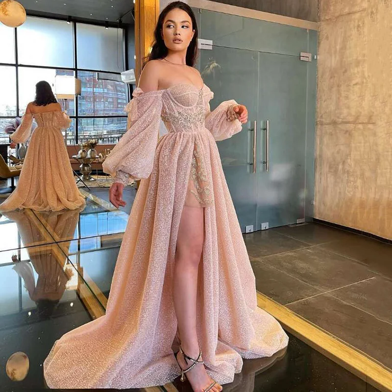 Eightree Pink Wedding Dresses 2021 Puff Long Sleeve Glitter Bride Dress Split Side A Line Sexy Beach Wedding Gowns Customized