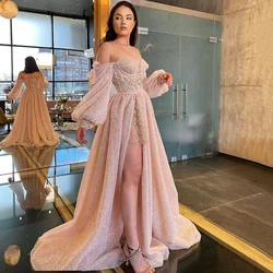 Robe de mariée rose Eightree, manches longues bouffantes, robe de mariée scintillante, côté fendu, ligne A, mariage sexy sur la plage, tout ce qui est personnalisé, 2021