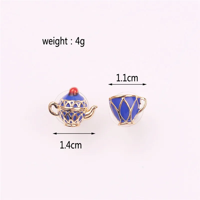 Tea Cup Earrings for Women, Teapot Earings, Gold Color, Asymmetric Enamel, Ear Stud, Gift for Girl, Fashion
