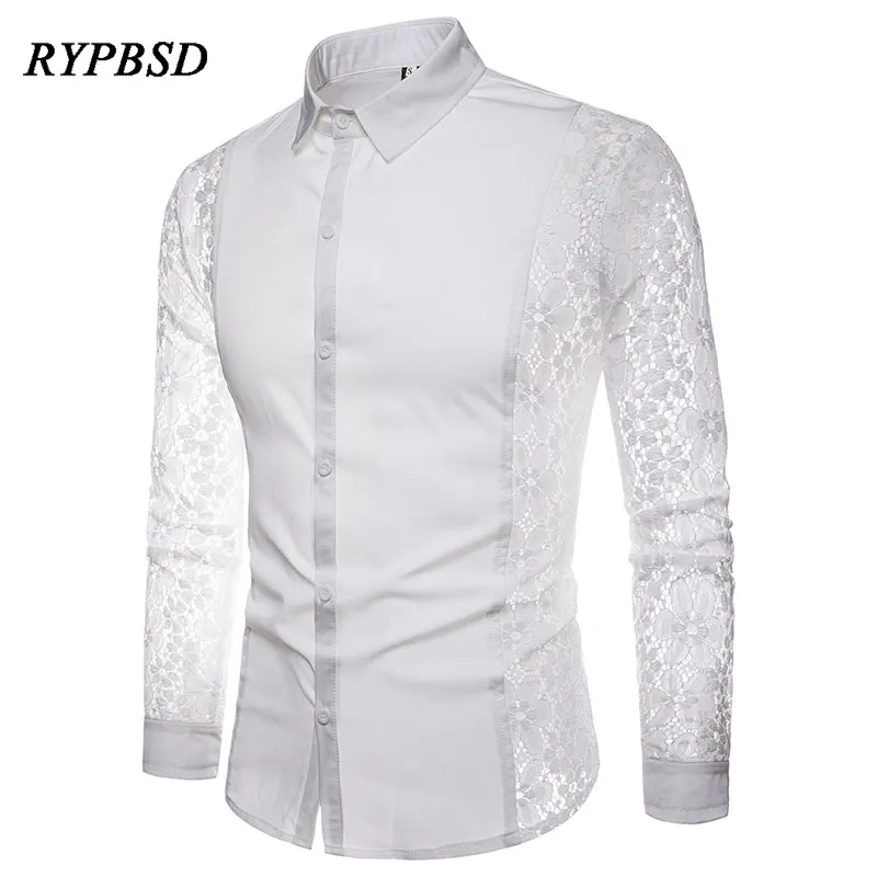 Black White Lace Dress Shirt Men Fashion Harajuku Transparent Sexy Club Party Prom Luxury Casual Men Long Sleeve Tuxedo Shirt