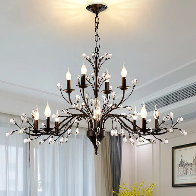 

American LED Crystal Chandelier for Living Room Dining Kitchen Hall Black Candle Ceiling Pendant Lamp Bedroom Decorative Light