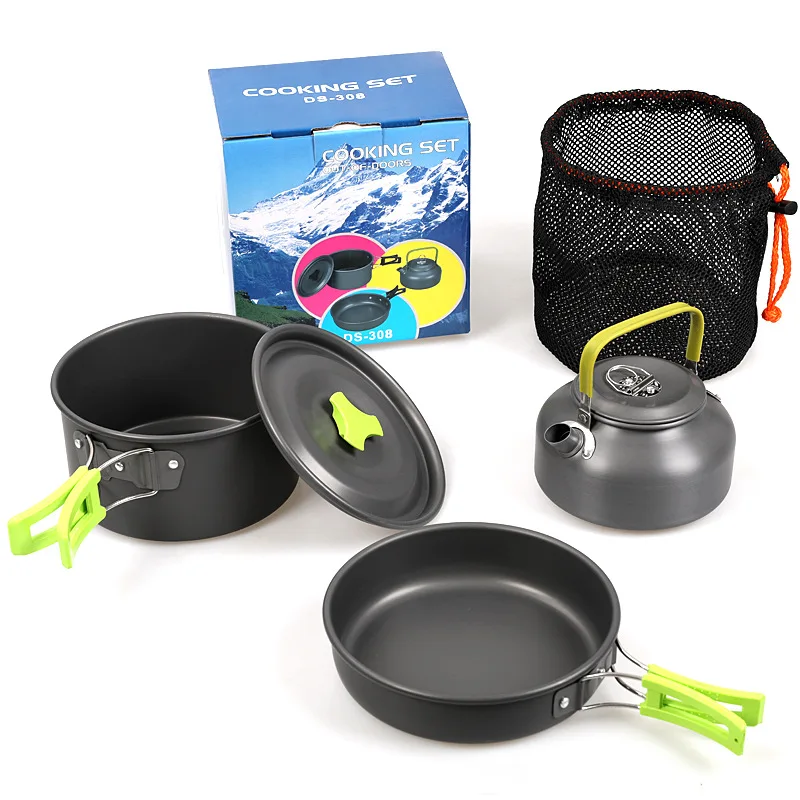 Alloy Camping Cookware Set DS-308 Picnic Pot Fry Pan 0.8L Kettle With Plastic Bowls 2-3 person Set