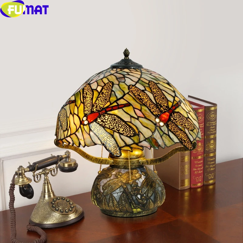 

FUMAT Tiffany American Style Dragonfly Stained Glass Table Lamp Bedside Coffer Bar Counter Art Deco Bedroom Desk Light Cast Base