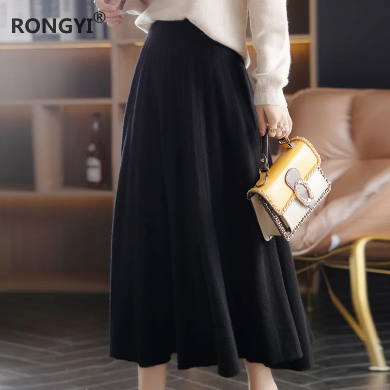 RONGYI 100%Wool Skirt Women Autumn High End Wild Pleated Fashion Thicken Elegant Winter Long Cashmere Knit Skirt Elastic Waist