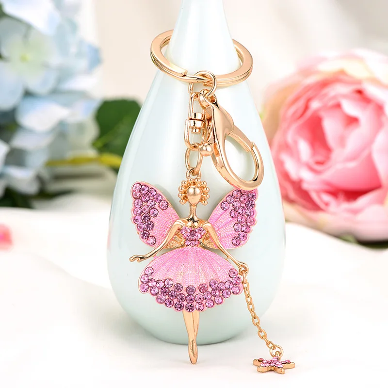 Fashion Little Angel Keychain Rhinestone Butterfly Fairy Keyring Trinket Women Bag Ornament Ballet Girl Car Pendant Jewelry