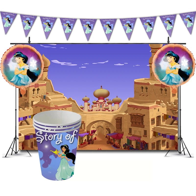 Princess Jasmine Birthday Decorations, Party Banner, Aladdin Theme Favors, Paper Cups