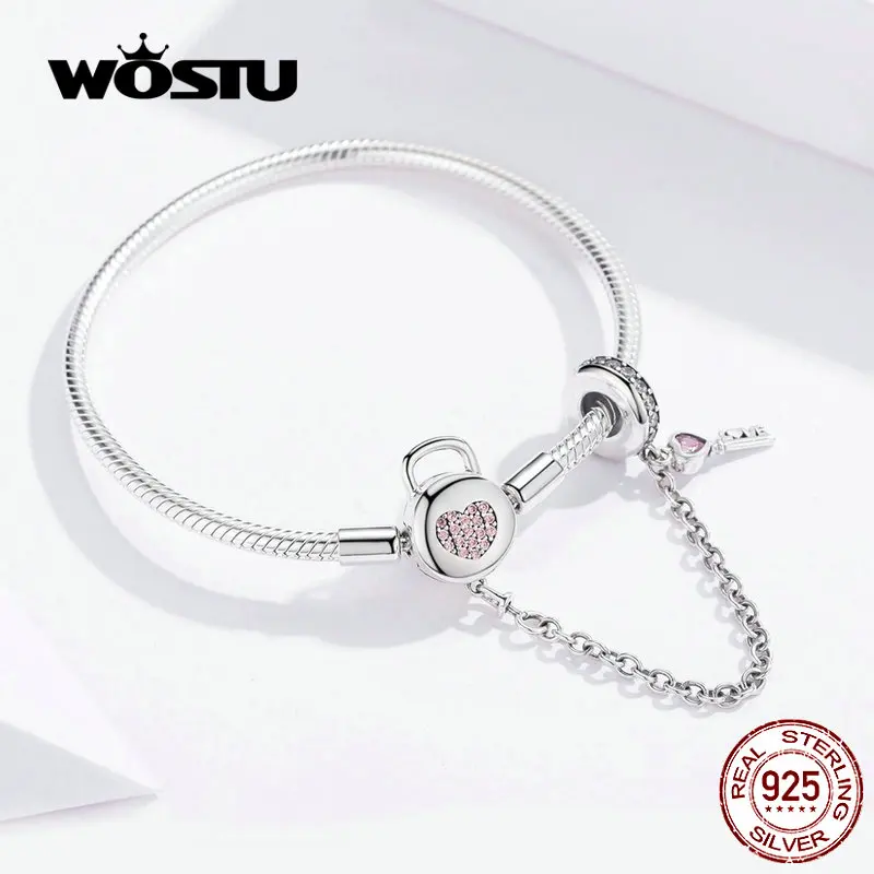 WOSTU 100% 925 Sterling Silver Heart Key Safety Chain Bracelets Pink Zircon Charm Bangle For Women Silver 925 Jewelry FIB143