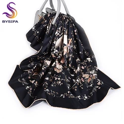 BYSIFA-bufanda de seda pura de lujo para mujer, chal cuadrado grande de sarga negra, Hijabs de cuello de 88x88cm, Otoño e Invierno