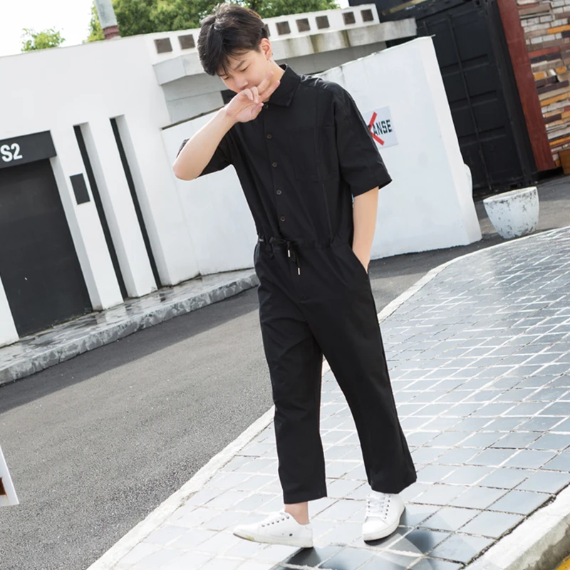 Spring and summer short-sleeved cropped trousers jumpsuit tooling jumpsuit hip hop tide men's jumpsuit Japanese retro large size