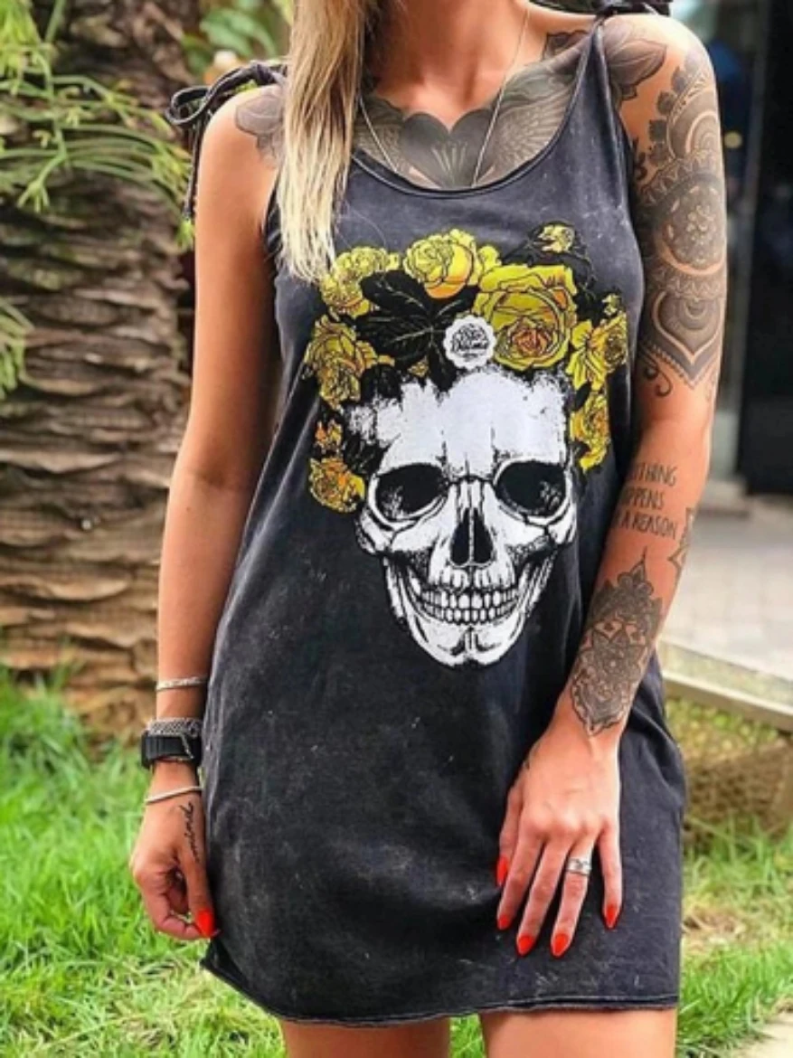 2020 Zomer Jurk Vrouwen Casual Punk Losse Korte Mouwen Skull Print Vrouwelijke Jurk Streetwear Side Hoge Split Bloem Vrouwelijke Vestido