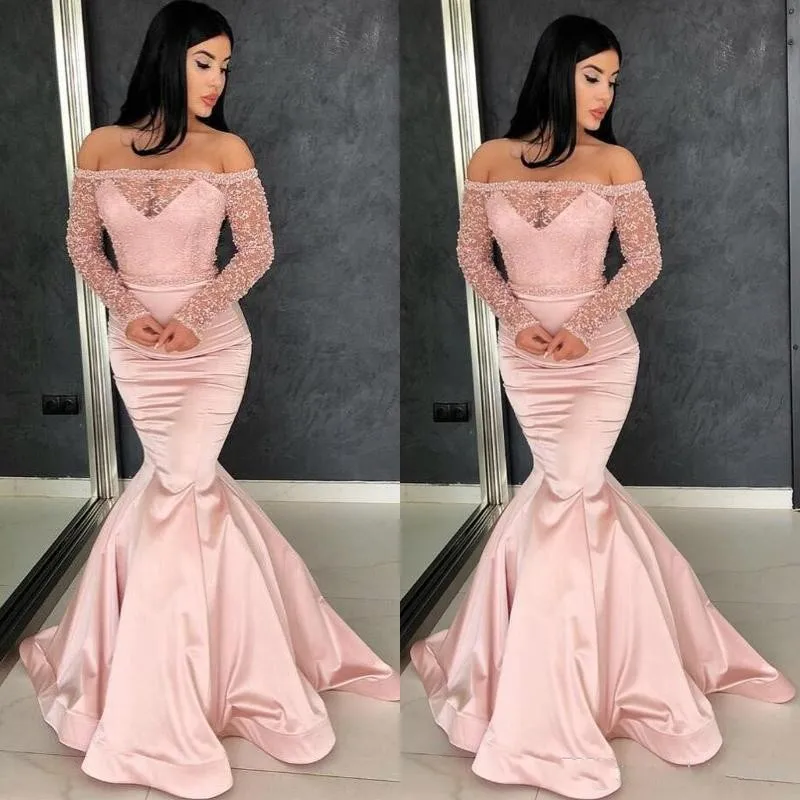 

Long Arabic Mermaid Prom Dress Blush Pink Off Shoulder Sheer Sleeves Evening Party Gown Turkey Robe De Soiree Vestidos