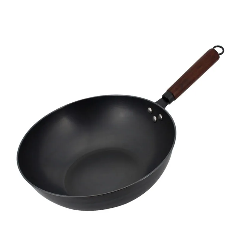 Uncoated Single Handle Wok Eggs Frying Pan with Wooden Handle Fine Iron Wok with Even Heat Conduction Environment Protection Oil