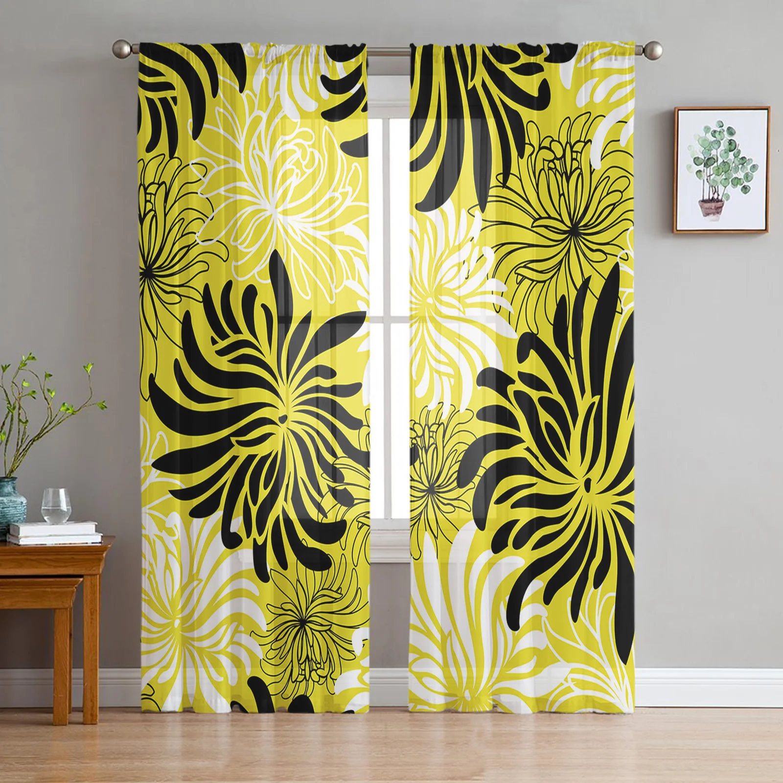 

Yellow Chrysanthemum Black And White Retro Tulle Curtain Voile Transparent for Bedroom Living Room Kitchen Sheer Window Curtains