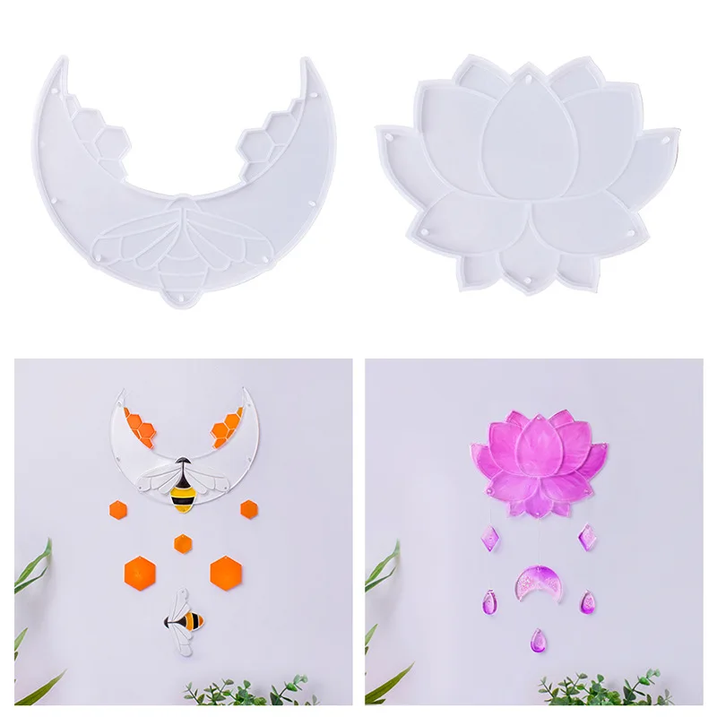 DIY Crystal Epoxy Resin Mold Moon Bee Pendant Lotus Wind Chime Silicone Mold