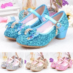 Girls Princess Leather Shoes Infant Kids Girls Pearl Crystal Bling Bowknot Single Princess Shoes Sandals High Heel Sandalias