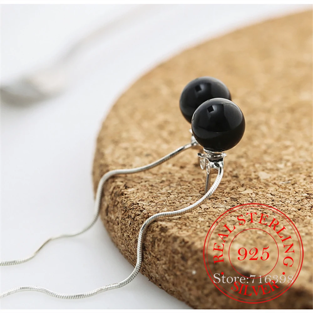 100% 925 Sterling Silver Black Simulated Pearl Pendant Long Drop Earrings for Women Wedding Party Gifts Sterling-silver-jewelry